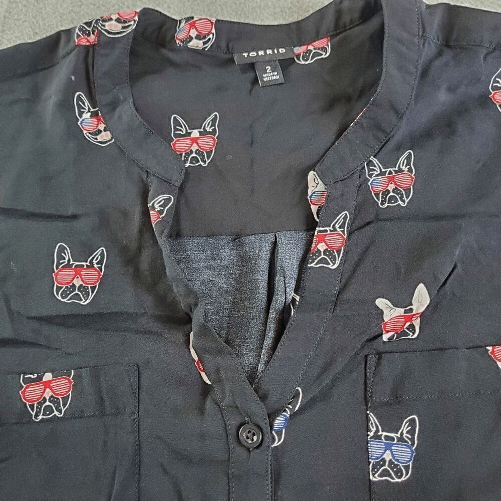 Torrid Top Womens Large Black Blouse French Bulldogs Sleeveless Button Front - Picture 7 of 10